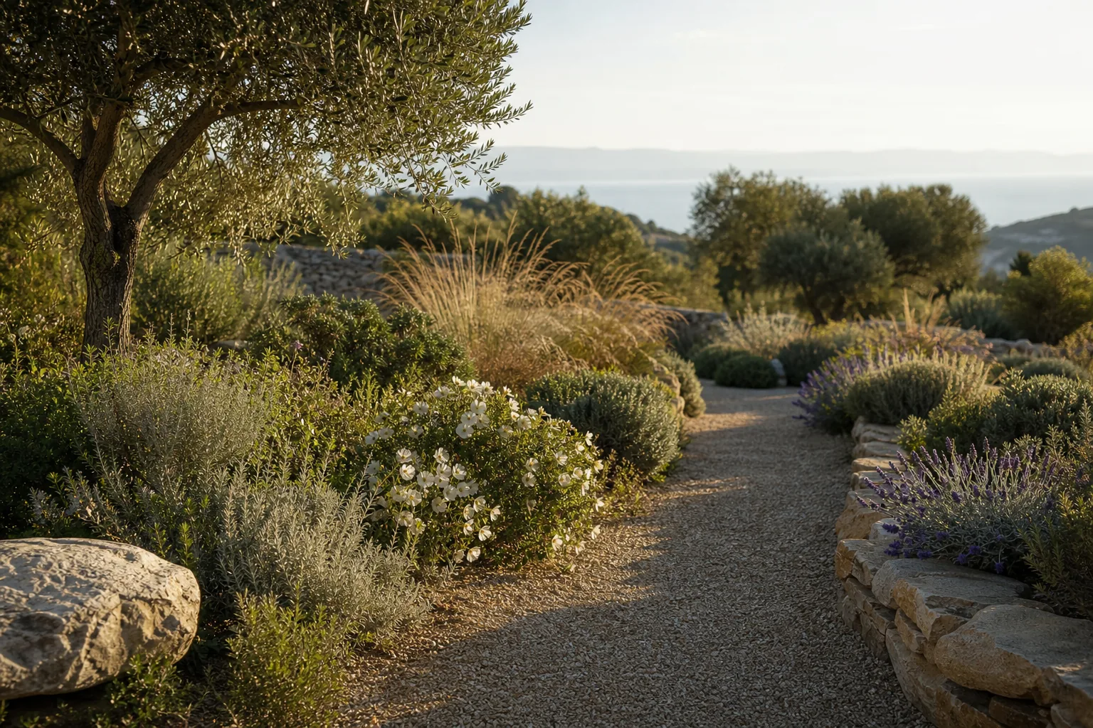 Jardin méditerranéen sobre en eau avec olivier, pierre sèche et plantes aromatiques